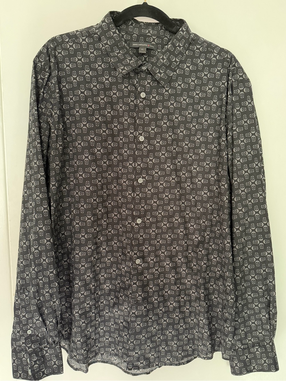 John Varvatos Black Long-Sleeve Button-Up with Gray skull Pattern